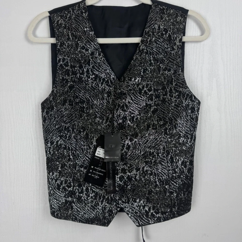 Kids World‎ of USA Metallic Brocade Formal Party Black Silver Vest Size Kid 16